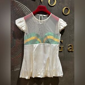 Sheer White top with Green and yellow Accents size 6